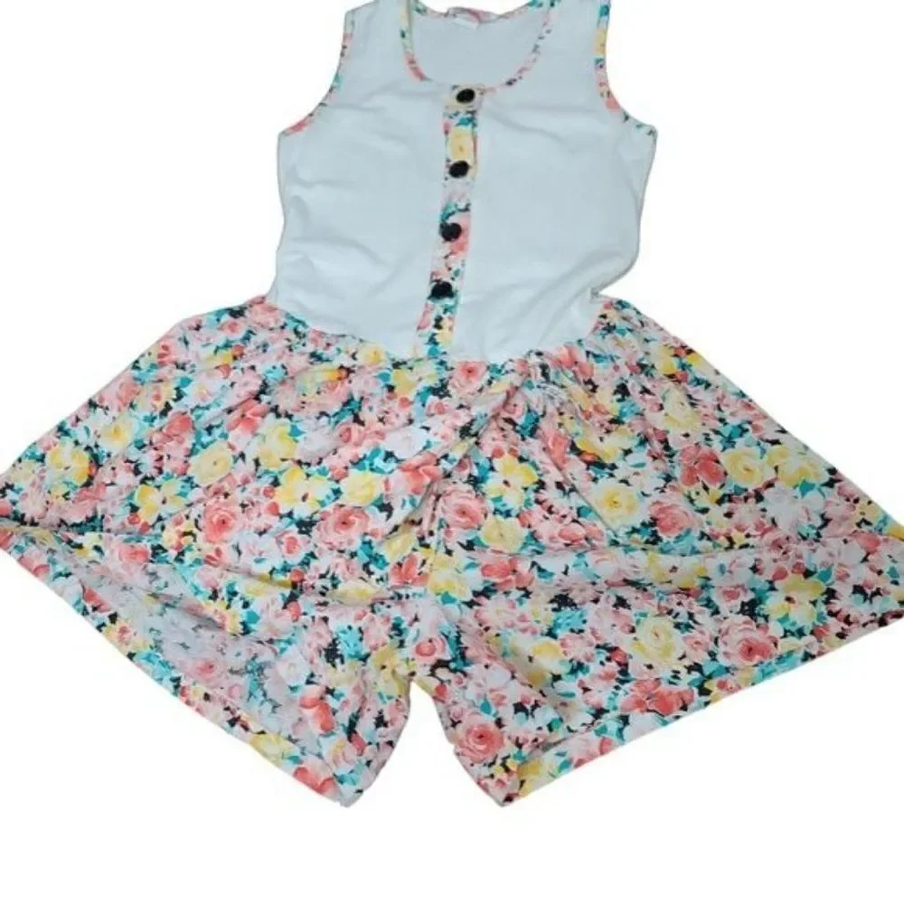 Vintage 80s 90s Girls Boho Cottagecore Pink Floral Romper Shorts